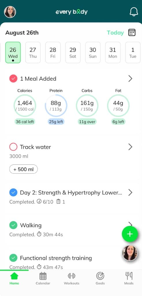 everybody app home screen showing completed workouts and daily activity