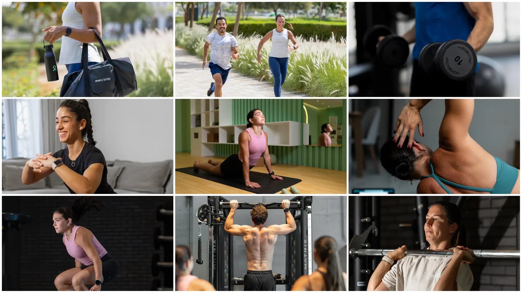 A collage of everybody clients training across different environments, including outdoor running in Dubai, home workouts, gym strength training, and mat exercises, showing real people at every fitness level.