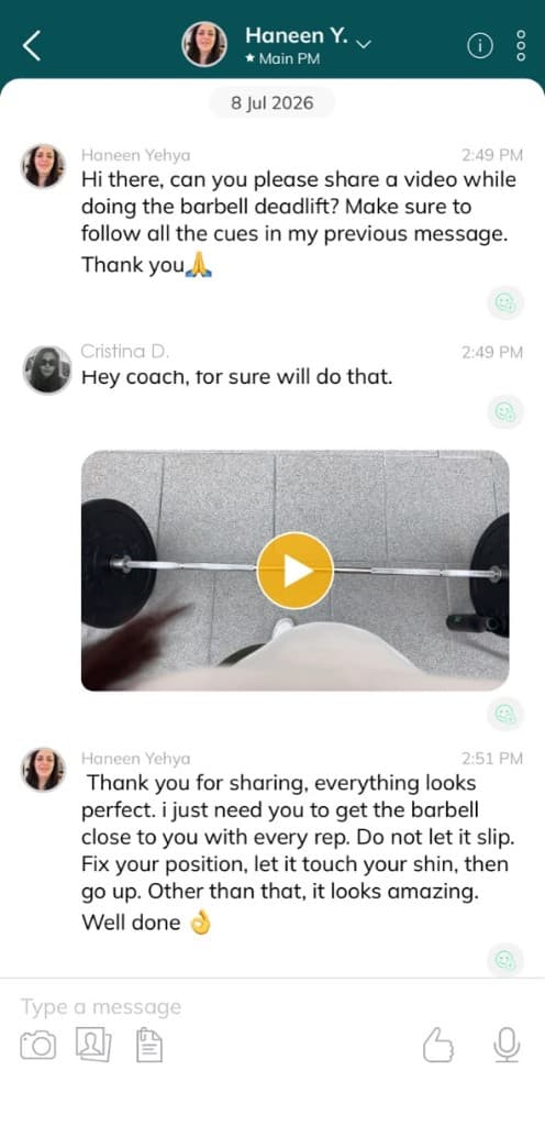 Client sharing a deadlift video and receiving form feedback from an everybody coach