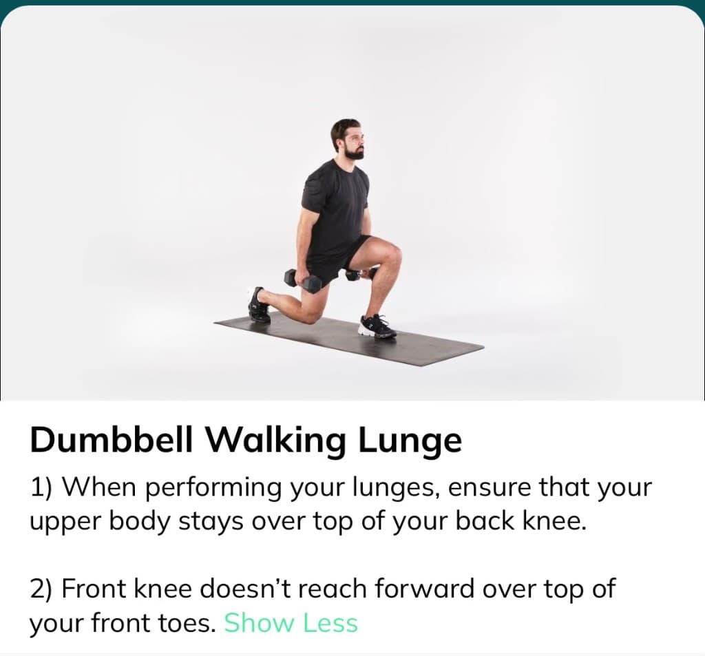 Dumbbell walking lunge demonstration with step-by-step exercise instructions
