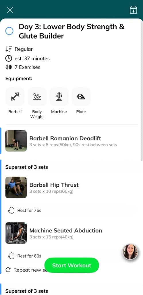 Personalized lower-body workout with exercise, equipment, sets, and rest instructions