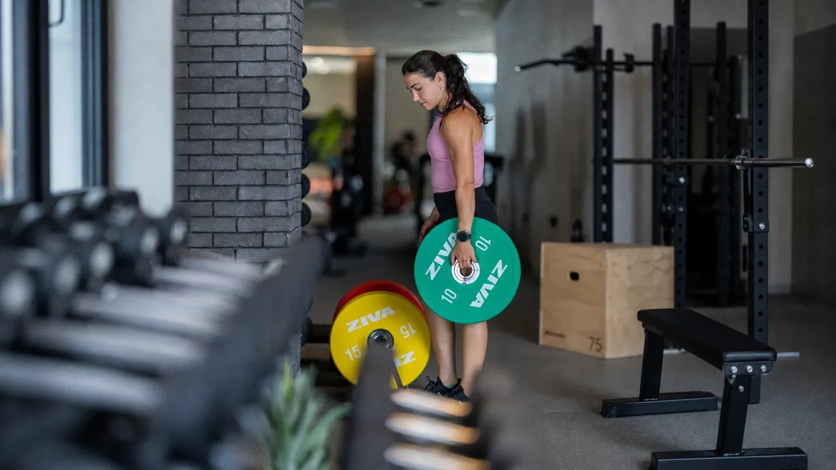 Woman lifting weights in a gym focusing on strength training and muscle building
