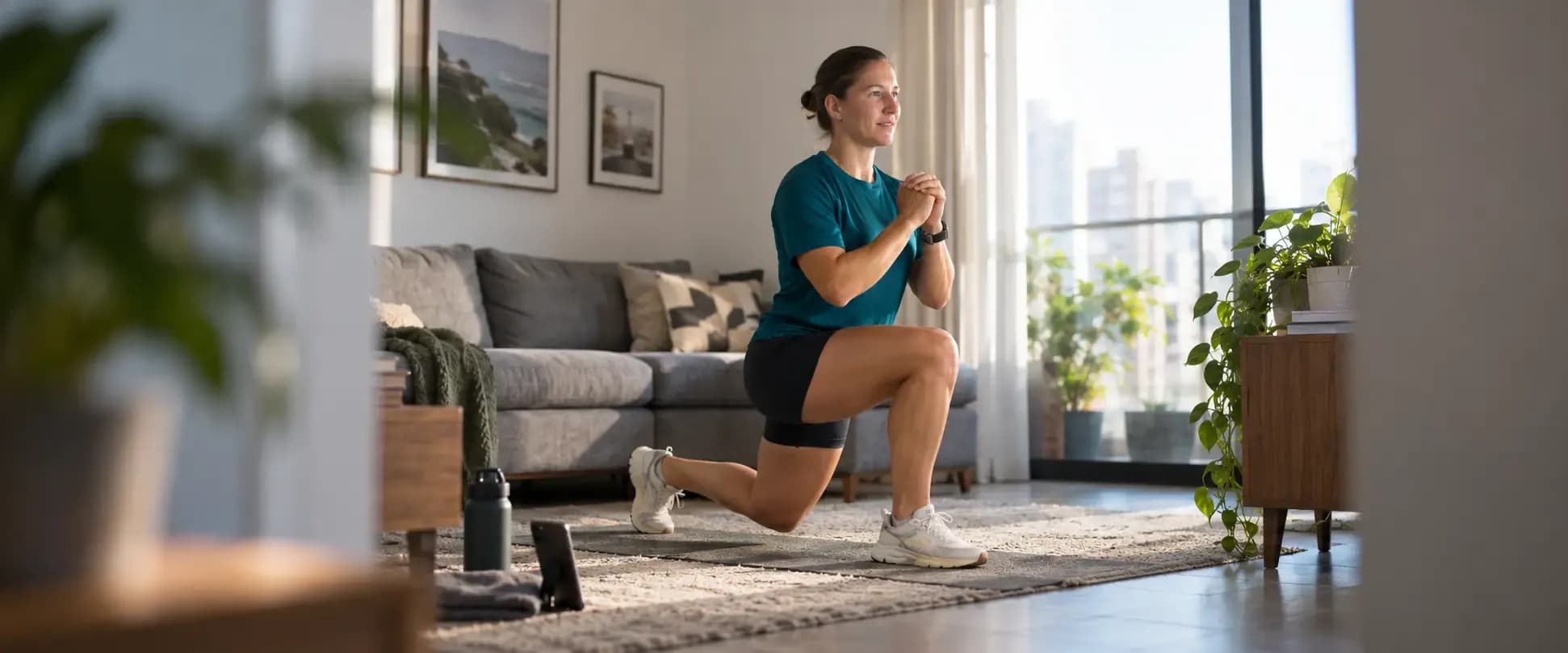 Woman performing a bodyweight lunge during a home workout