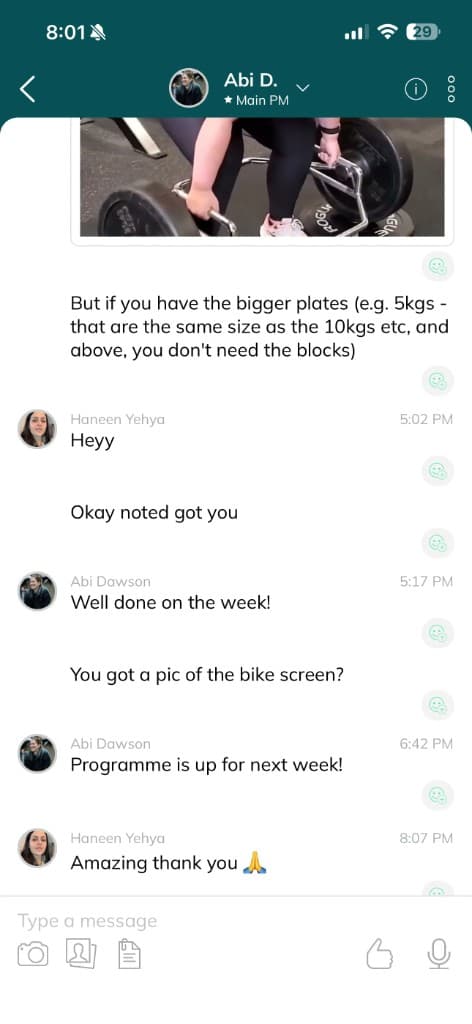 Personal training conversation between an everybody client and coach Abi in the coaching app